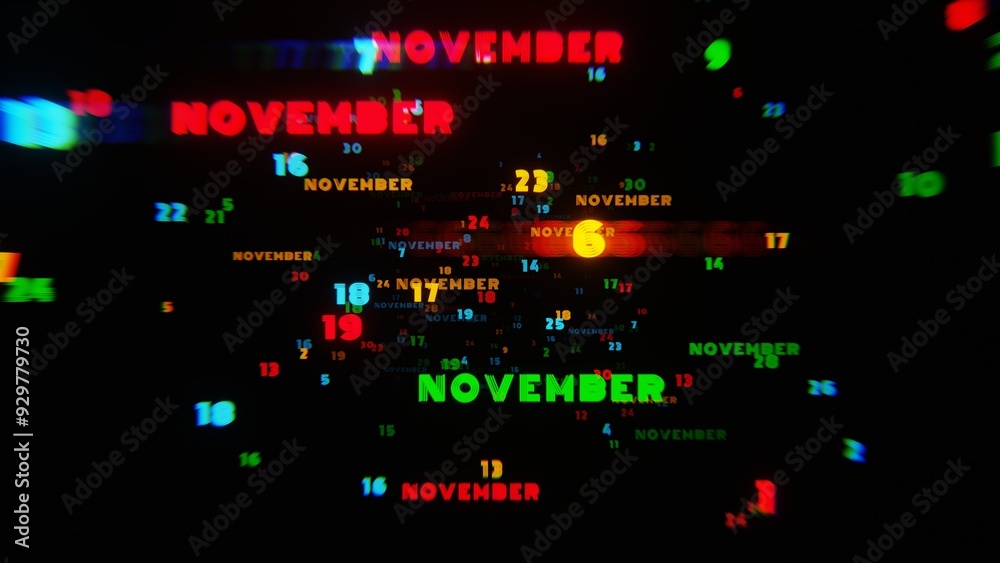Abstract digital art with glowing text representing the month of November in vibrant neon colors on a dark background Abstract digital art with glowing text representing the month of November in vibrant neon colors on a dark background
