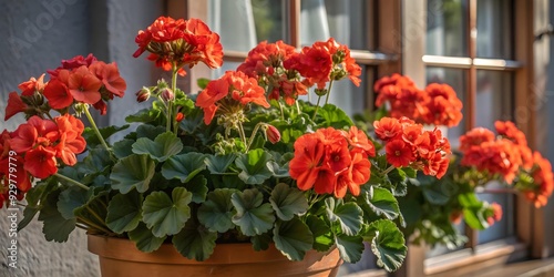 A pot filled with red flowers, possibly roses, situated in front of a window with white curtains.