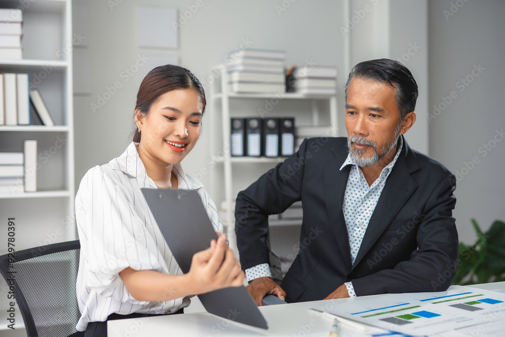 Two business people are discussing business ideas during a meeting in a modern office Two business people are discussing business ideas during a meeting in a modern office