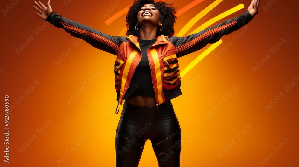 Obraz premium Fit woman with raised hands, full body shot of beautiful female with ideal figure, copy space