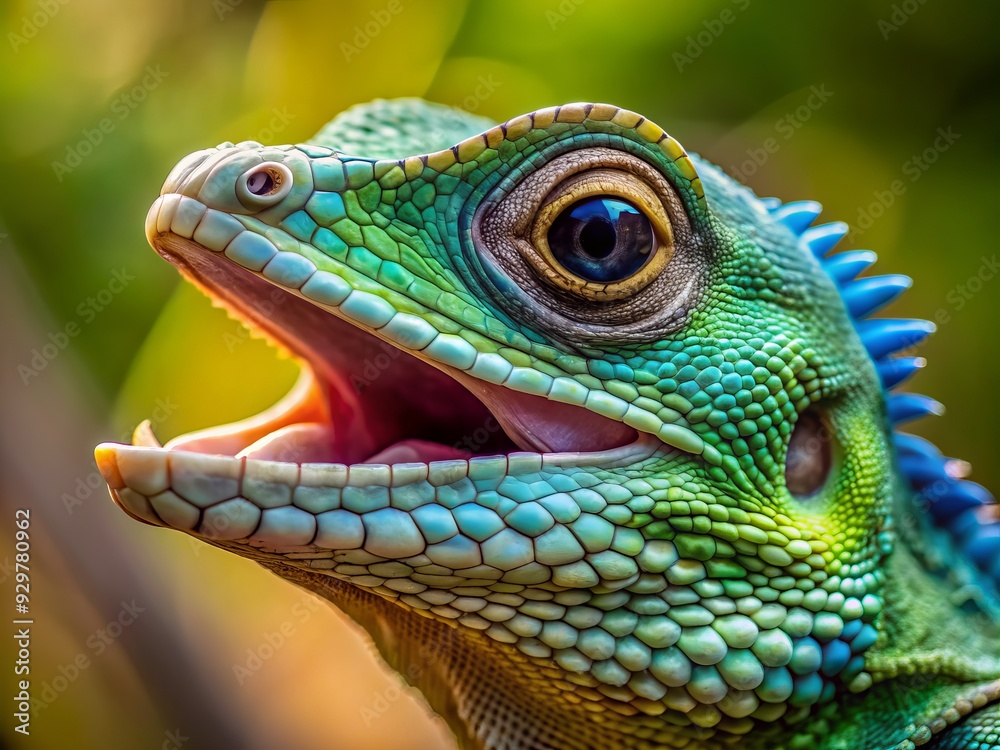 Vibrant green and blue lizard's snout fills the frame, its jaws agape, showcasing razor-sharp teeth and a tiny tongue, set against a blurred natural backdrop.