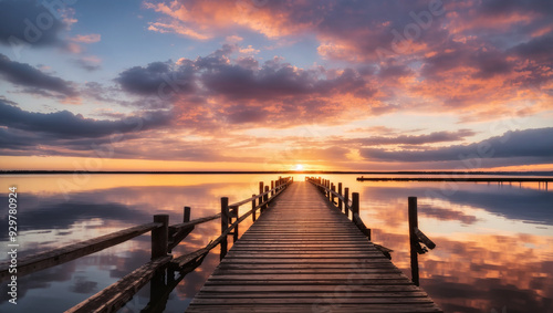 This is a picture of a lake with a wooden dock, with a sunset in the background. The sky is colorful with orange and purple colors.