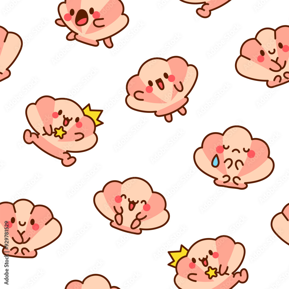 Obraz premium Cute seashell with smiling face. Seamless pattern. Kawaii cartoon character. Hand drawn style. Vector drawing. Design ornaments.