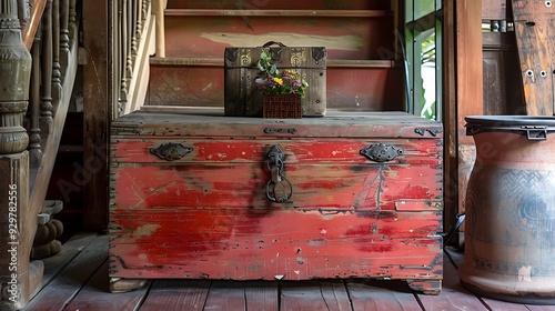 An antique red wooden trunk in a traditional home environment
