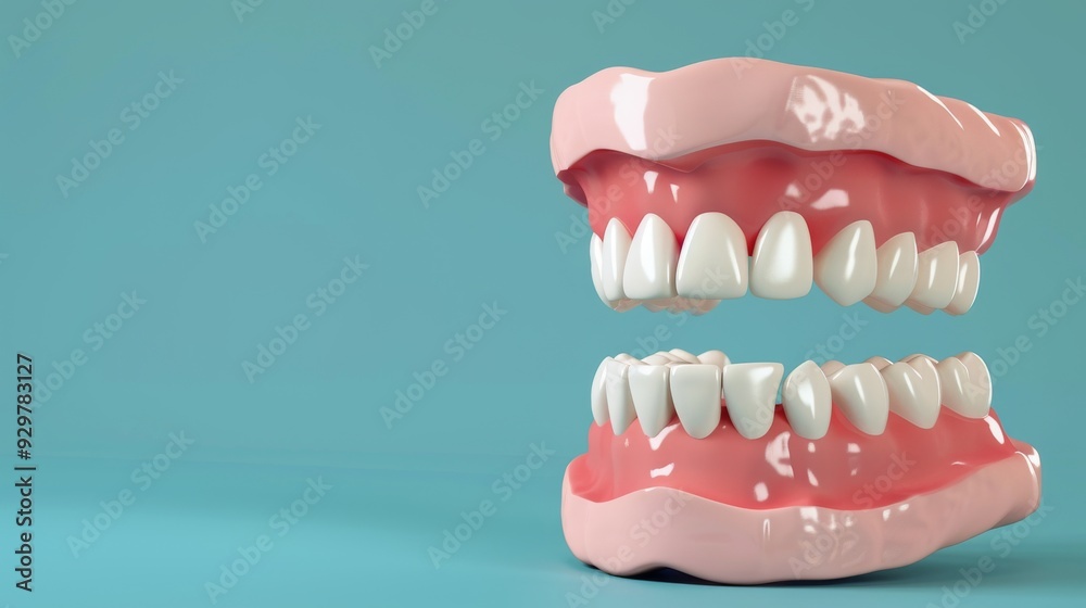 3D render of detailed teeth with pink gums against a blue background, featuring high resolution and hyper-realistic details, captured with studio lighting and sharp focus 3D render of detailed teeth with pink gums against a blue background, featuring high resolution and hyper-realistic details, captured with studio lighting and sharp focus