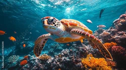 A vibrant underwater scene featuring a sea turtle swimming among colorful coral reefs and tropical fish, Ideal for themes related to marine life, conservation, and travel, photo