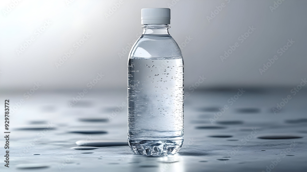 A clear water bottle on a reflective surface with droplets. A clear water bottle on a reflective surface with droplets.