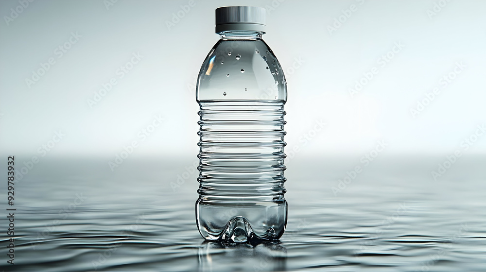 A clear water bottle standing on a reflective surface. A clear water bottle standing on a reflective surface.