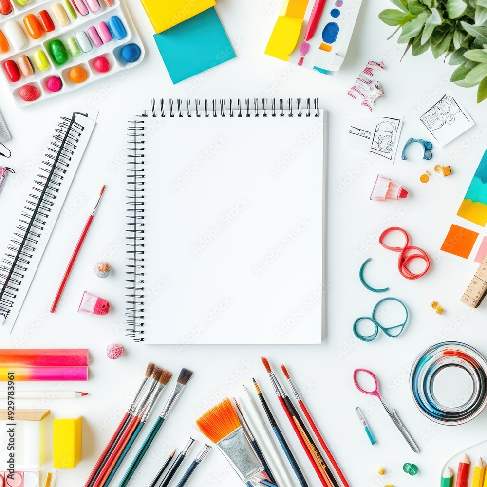 A white sheet of paper sits on a table with a variety of art supplies A white sheet of paper sits on a table with a variety of art supplies
