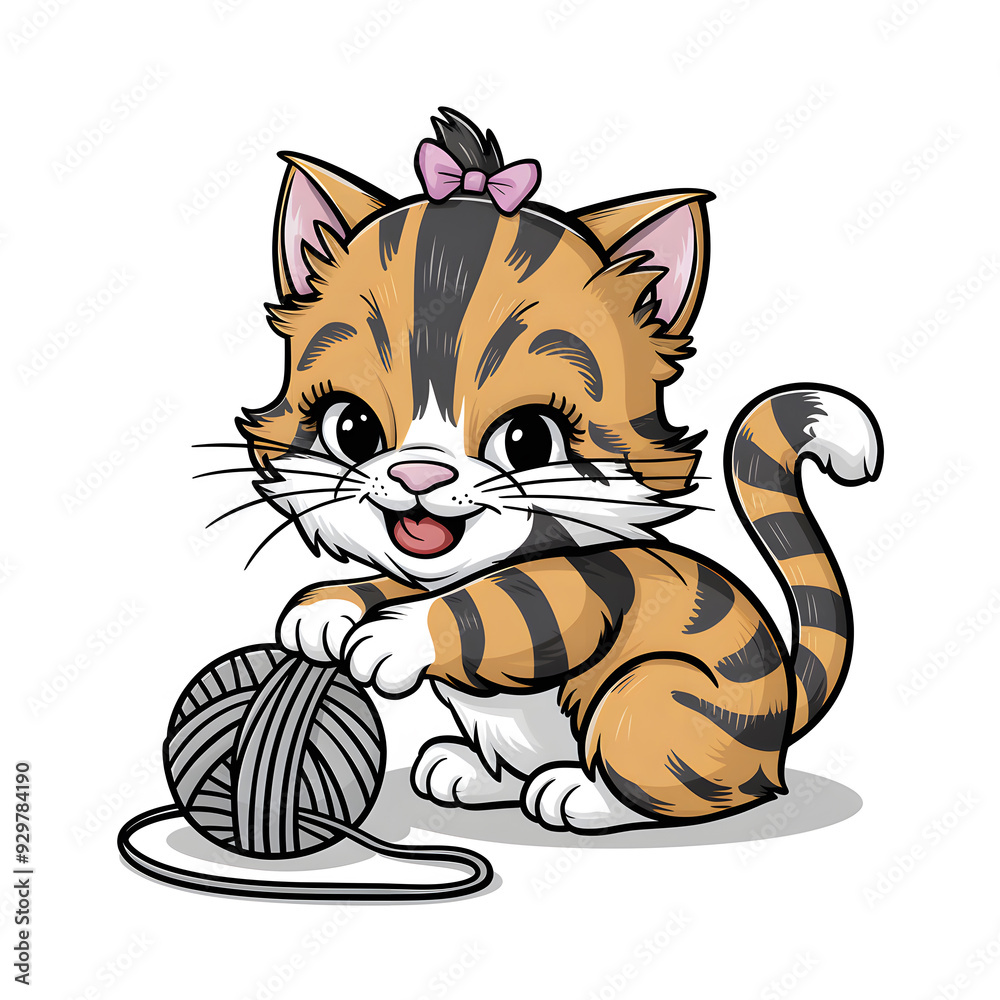 Fototapeta premium Adorable Cat wearing a tiny bow, playing with a ball of yarn simple thick black line art for children cartoon coloring book pages. Clean drawing on white background