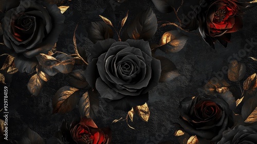 A dark floral pattern featuring black and red roses with golden leaves on a textured background. #929784159