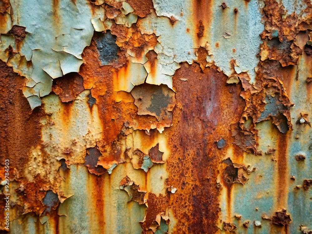 Rough, aged metal surface showcases intricate texture with flaking paint and rust, conveying years of wear and tear, industrial decay, and forgotten history. Rough, aged metal surface showcases intricate texture with flaking paint and rust, conveying years of wear and tear, industrial decay, and forgotten history.