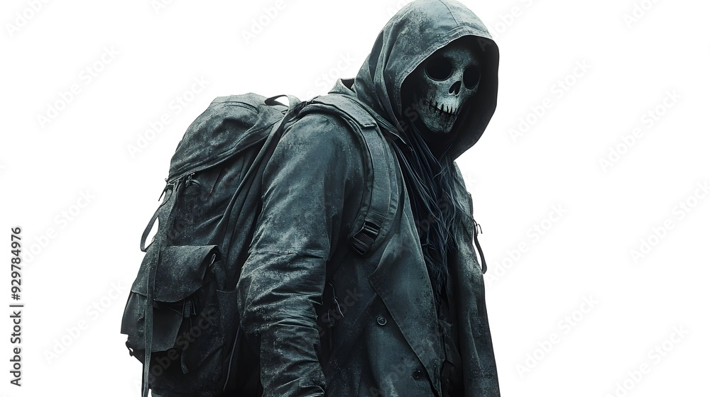 Haunted traveler in a rugged trench coat, sinister Halloween mask, carrying an old backpack with ghostly aura, hyper-realistic illustration, isolated on white background Haunted traveler in a rugged trench coat, sinister Halloween mask, carrying an old backpack with ghostly aura, hyper-realistic illustration, isolated on white background