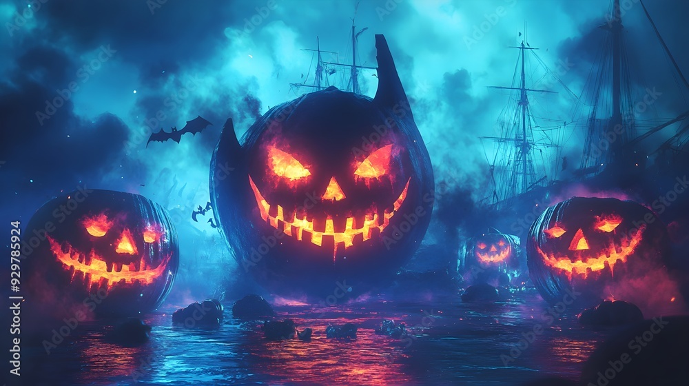 Fototapeta premium Phantom anchor surrounded by Halloween party masks, glowing spectral lights, and haunted vibes, dark fantasy illustration, isolated on white background