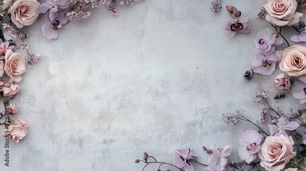 A decorative arrangement of pastel flowers on a textured background. A decorative arrangement of pastel flowers on a textured background.