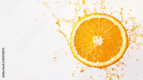 Freshness Splash - Juicy Orange Slice with Liquid Splashes on White Background for Natural Health Concept. Copy Space for Text.