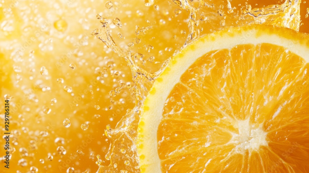 Refreshing Citrus Squeeze: Close-up of Juicy Orange with Splashes of Yellow Liquid for Health and Wellness Advertising Design, Copy Space Available Refreshing Citrus Squeeze: Close-up of Juicy Orange with Splashes of Yellow Liquid for Health and Wellness Advertising Design, Copy Space Available