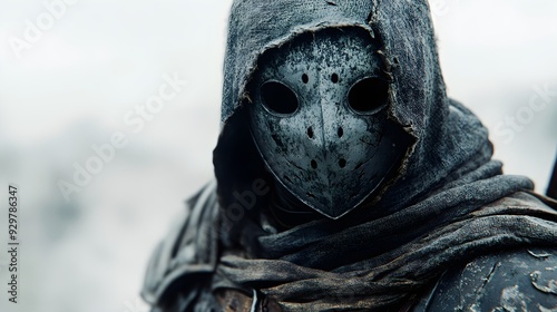 Phantom soldier with a creepy Halloween party mask, medieval armor, misty surroundings, cinematic lighting, hyper-realistic style, isolated on white background