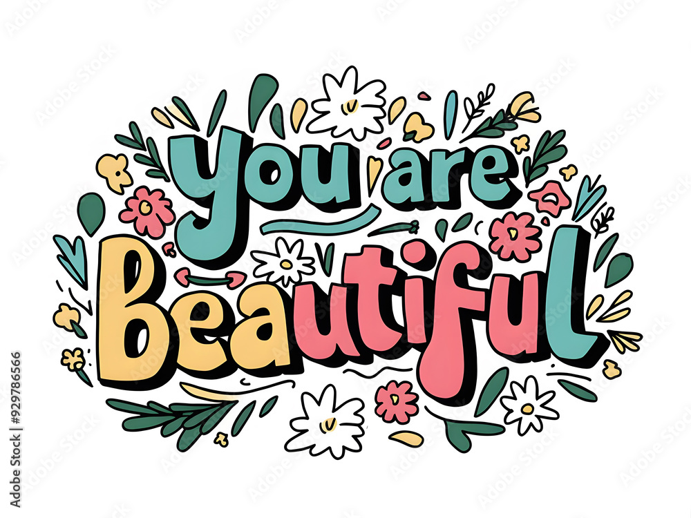 Obraz premium You are Beautiful phrase in groovy style typography illustration with flowers around the text simple thick black line art for adult coloring book pages