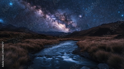 Milky Way Over a River and Mountains at Night