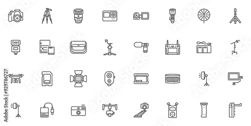 Photography equipment line icons set