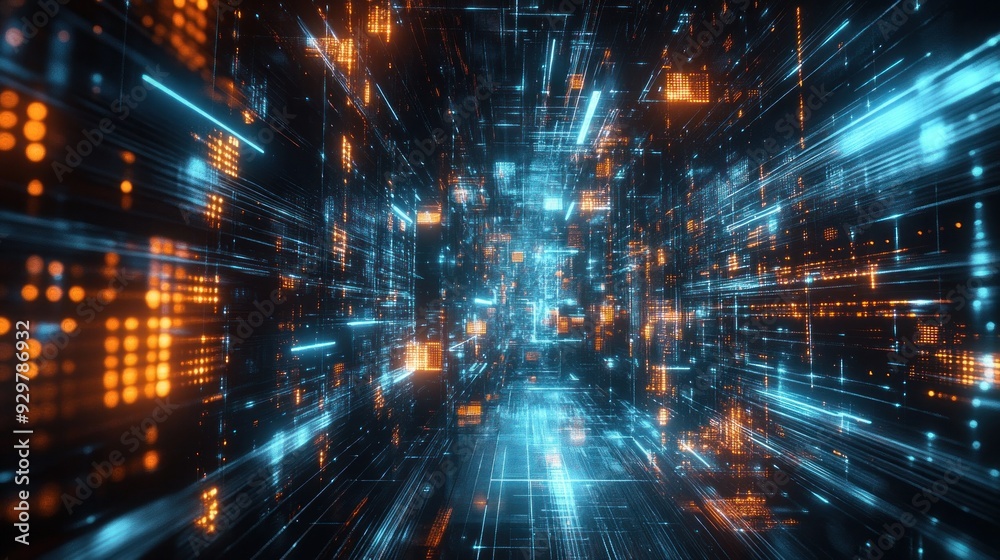 Futuristic Digital Network with Blue and Orange Lights Futuristic Digital Network with Blue and Orange Lights