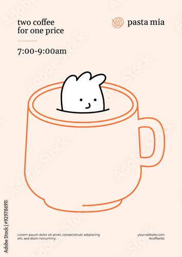 Cup cartoon poster illustration. Two coffee for one price. Dissolve in tea like sugar. Cute character floating in mug. Creative mascot icon, logo, banner, design for shop, cafe menu templates
