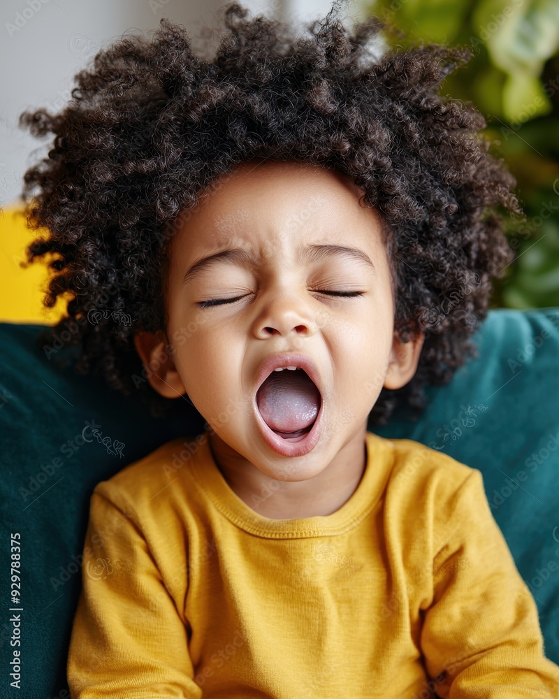 Cute child yawning, expressing sleepiness and innocence, with curly hair and a cheerful outfit. Perfect for portraying tiredness. Cute child yawning, expressing sleepiness and innocence, with curly hair and a cheerful outfit. Perfect for portraying tiredness.