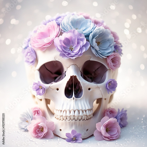 Realistic skull with flowers