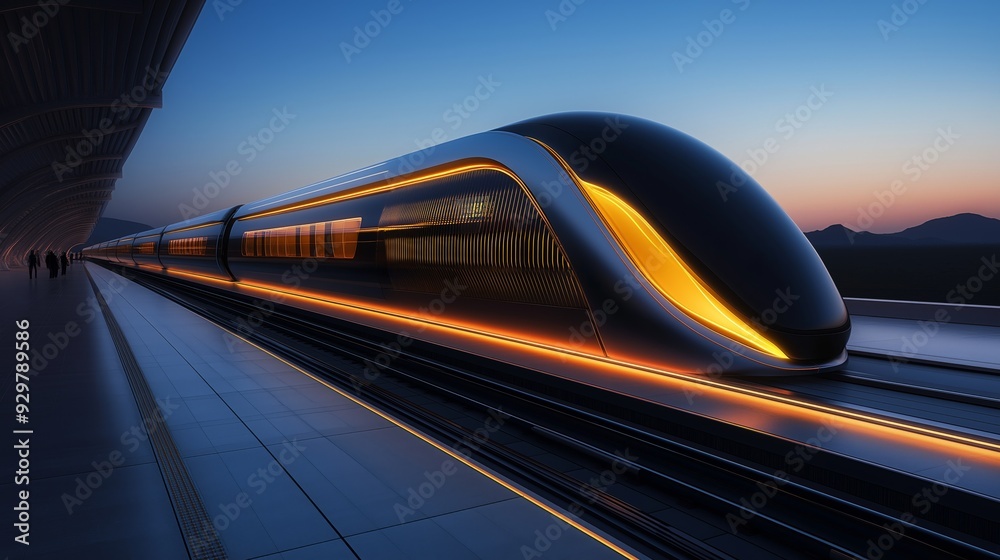 Futuristic high-speed train with sleek design and glowing lights illuminates a twilight platform, embodying modern transportation innovation. Futuristic high-speed train with sleek design and glowing lights illuminates a twilight platform, embodying modern transportation innovation.