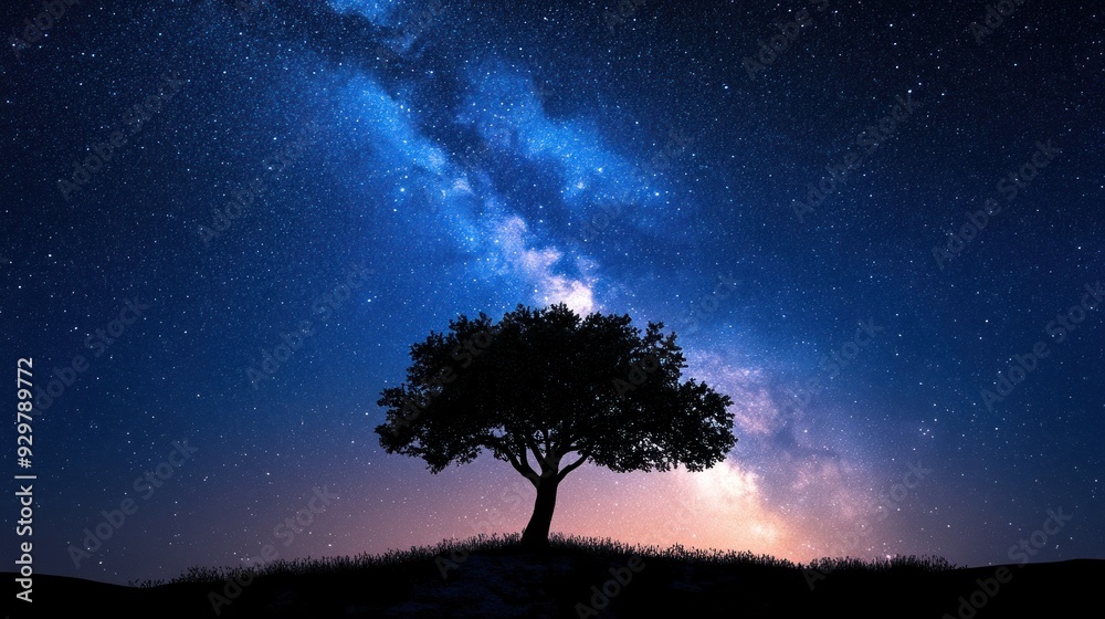 Silhouetted Tree Against a Starry Night Sky with the Milky Way