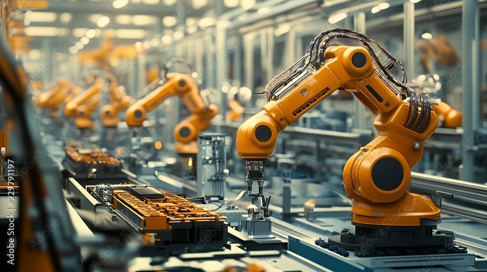 Robotic arms working on an assembly line in a manufacturing facility. Robotic arms working on an assembly line in a manufacturing facility.