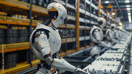 Robots working in a warehouse, assembling or sorting items on a production line.