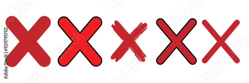 Set of cross signs with grunge. Red cross X mark collection. letter X red icon. Red cross signs are isolated on white background. Vector.
