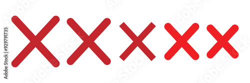 Set of cross signs with grunge. Red cross X mark collection. letter X red icon. Red cross signs are isolated on white background. Vector.
