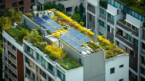 Rooftop garden with solar panels and greenery on a modern building. photo