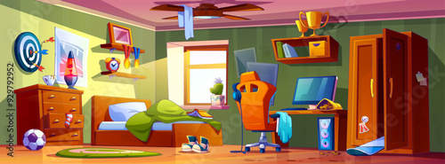 Messy chaos teenage boy room interior with scattered clothes and sport inventory on bed and wardrobe cabinet, food snacks on computer table, dirty cup on drawer and spots on floor. Cartoon vector.