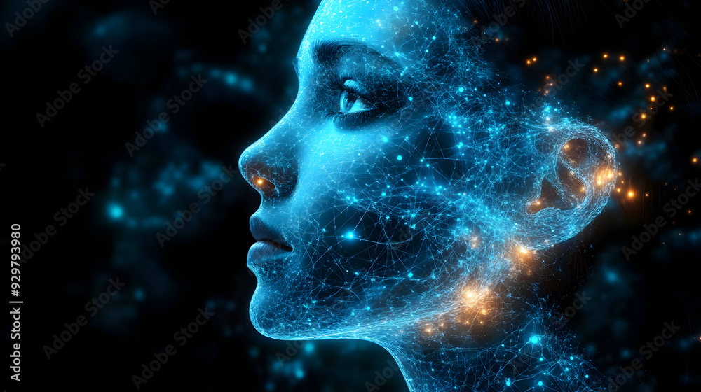 A digital representation of a human face with a cosmic theme.