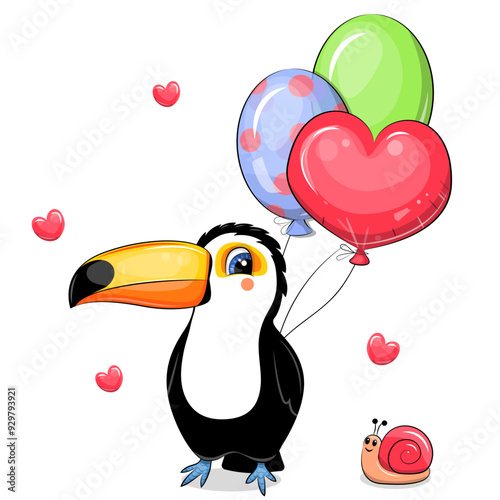 Cute cartoon toucan with balloons and snail. Vector illustration of a bird on a white background with hearts.