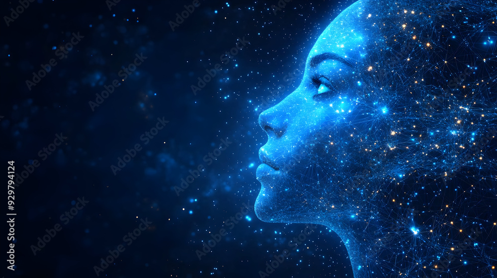 A digital representation of a woman's profile filled with stars. A digital representation of a woman's profile filled with stars.