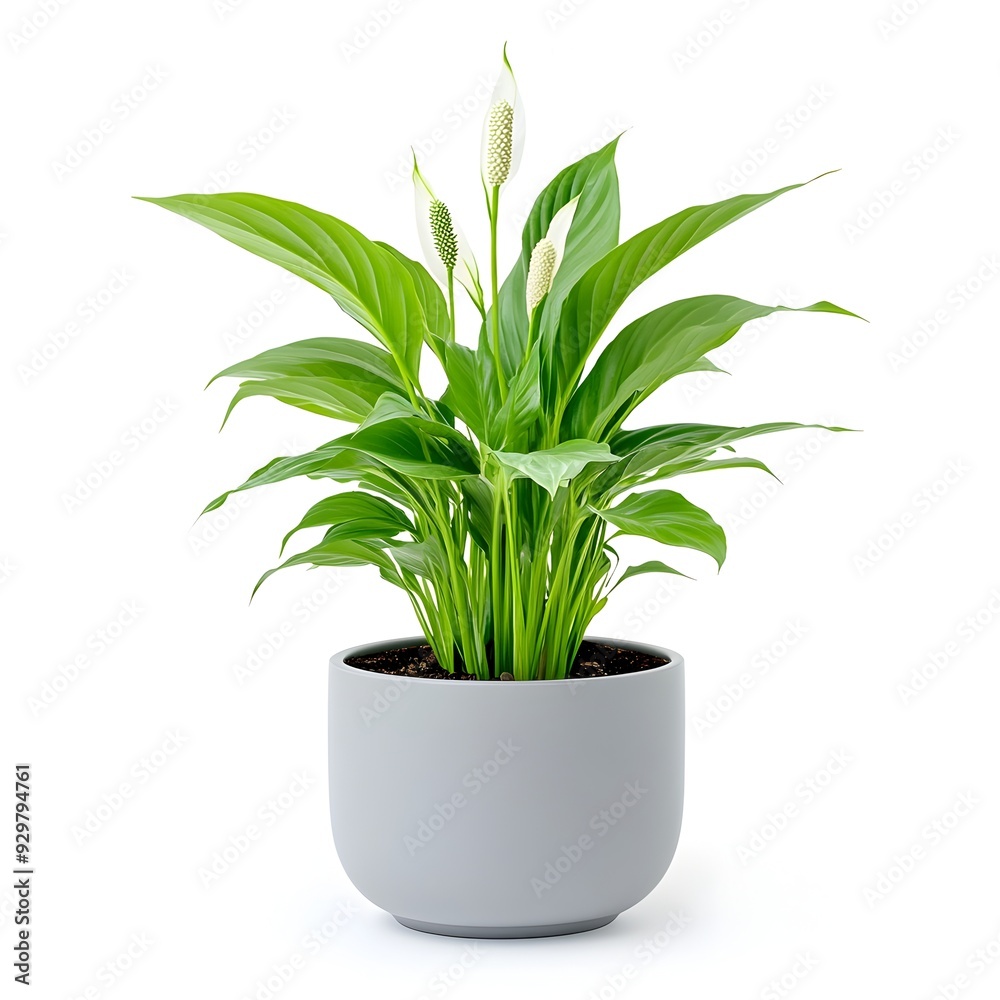 Peaceful Peace Lily in Gray Planter on Pristine White Background Peaceful Peace Lily in Gray Planter on Pristine White Background