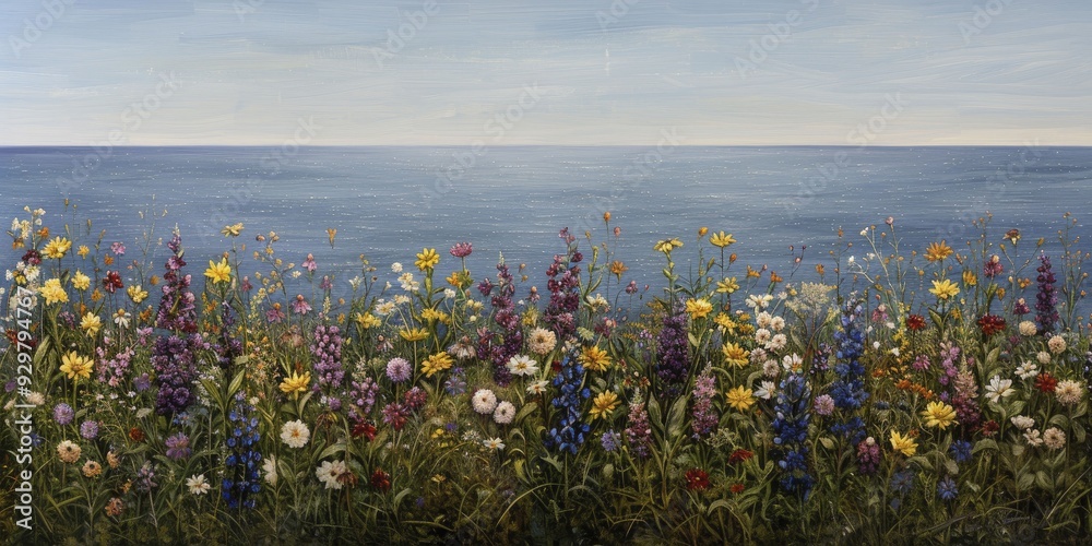 Naklejka premium Wildflowers at the ocean's edge, merging the beauty of land and sea, with vibrant flowers set against a tranquil ocean backdrop.