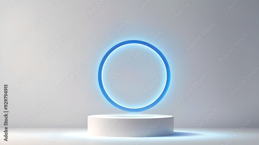 Minimalist abstract podium with glowing blue ring on white background. Clean, modern design emphasizes simplicity and elegance. Minimalist abstract podium with glowing blue ring on white background. Clean, modern design emphasizes simplicity and elegance.