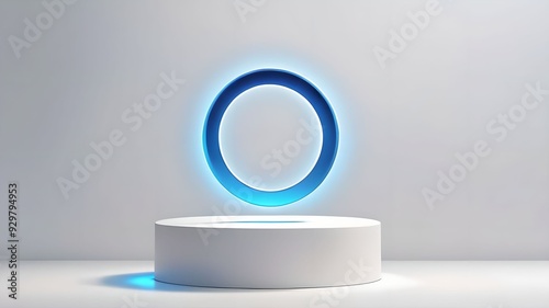 Minimalist abstract podium with glowing blue ring on white background. Clean, modern design emphasizes simplicity and elegance.