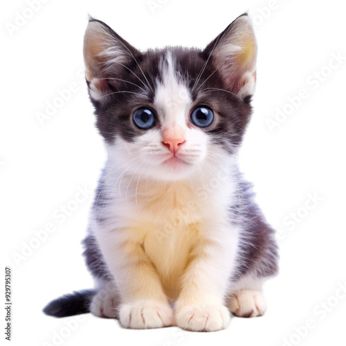 Cute white and black kitten isolated on transparent background