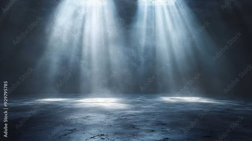 A dimly lit space with beams of light illuminating the ground. A dimly lit space with beams of light illuminating the ground.