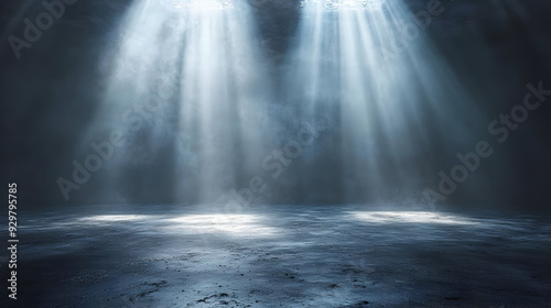 A dimly lit space with beams of light illuminating the ground.
