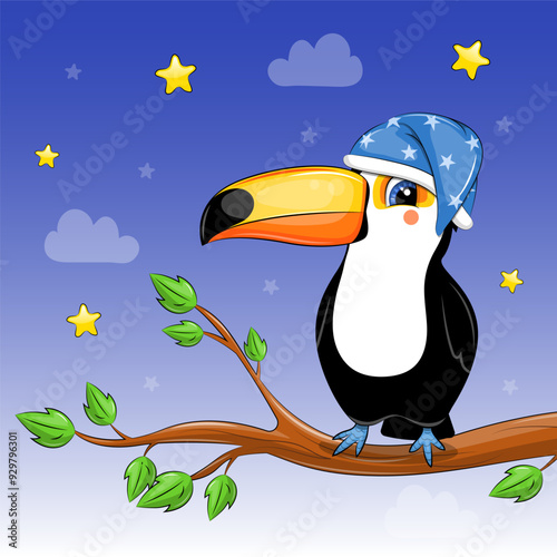 Cute cartoon toucan in a nightcap on a tree. Night bird vector illustration on blue background with stars and clouds.