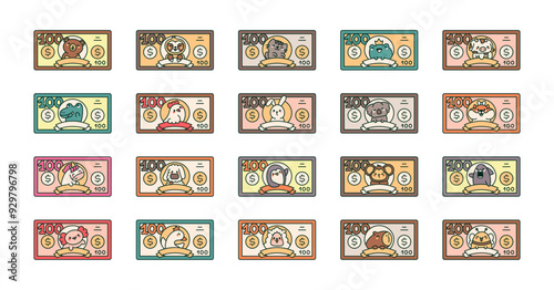 Dollar bills with animals. Different monetary banknotes. Hand drawn style. Vector drawing. Collection of design elements.