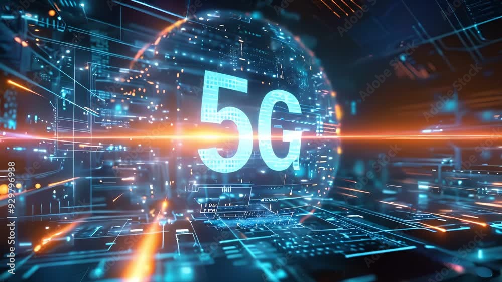 Futuristic 5G technology concept with glowing holographic elements, mobile network innovation.